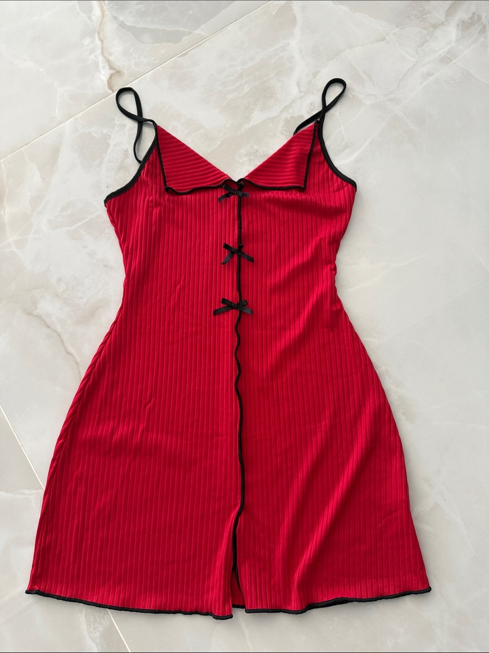Red Slip Dress with Black Trim and Bow Details